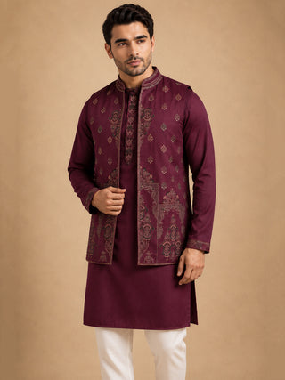 Embroidered Waistcoat & Solid Kurta Pyjama For Men