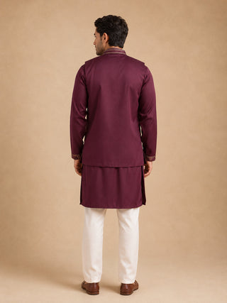 Embroidered Waistcoat & Solid Kurta Pyjama For Men