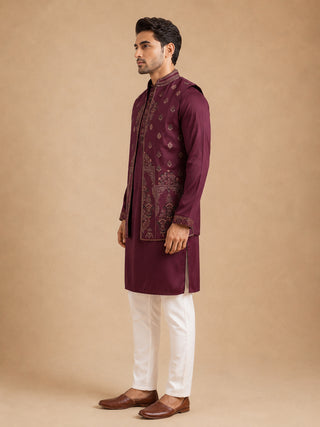 Embroidered Waistcoat & Solid Kurta Pyjama For Men