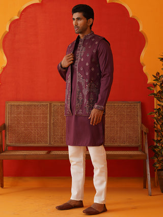 Embroidered Waistcoat & Solid Kurta Pyjama For Men