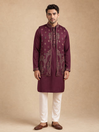 Embroidered Waistcoat & Solid Kurta Pyjama For Men