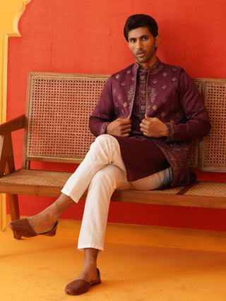 Embroidered Waistcoat & Solid Kurta Pyjama For Men