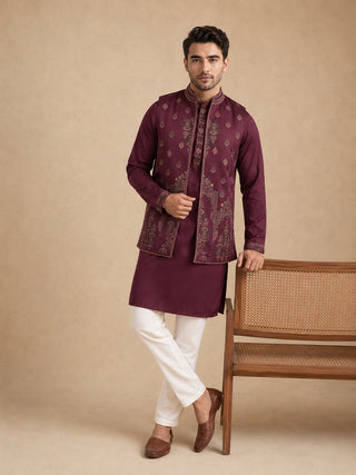 Embroidered Waistcoat & Solid Kurta Pyjama For Men