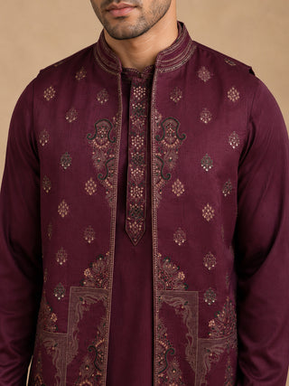 Embroidered Waistcoat & Solid Kurta Pyjama For Men