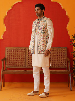 Embroidered Waistcoat & Solid Kurta Pyjama For Men