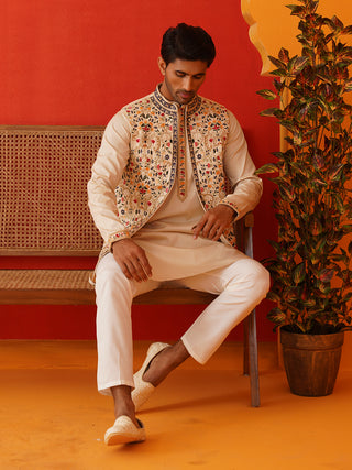 Embroidered Waistcoat & Solid Kurta Pyjama For Men