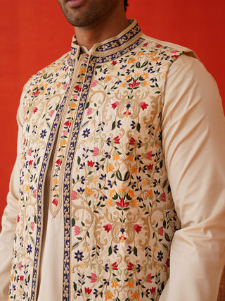 Embroidered Waistcoat & Solid Kurta Pyjama For Men