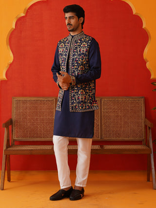 Embroidered Waistcoat & Solid Kurta Pyjama For Men