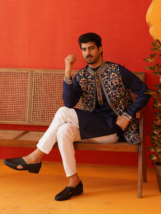 Embroidered Waistcoat & Solid Kurta Pyjama For Men