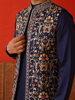 Embroidered Waistcoat & Solid Kurta Pyjama For Men