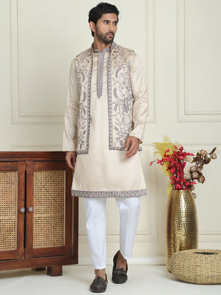 Embroidered Waistcoat & Solid Kurta Pyjama For Men