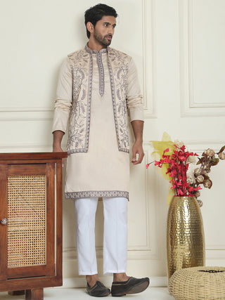 Embroidered Waistcoat & Solid Kurta Pyjama For Men