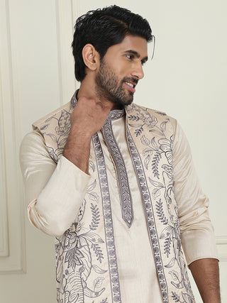 Embroidered Waistcoat & Solid Kurta Pyjama For Men