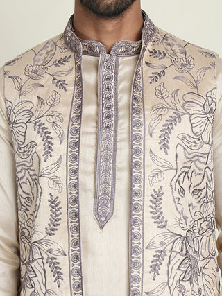 Embroidered Waistcoat & Solid Kurta Pyjama For Men