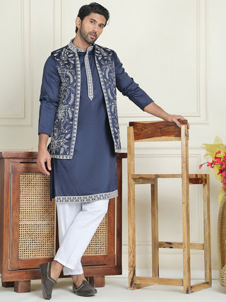 Embroidered Waistcoat & Solid Kurta Pyjama For Men