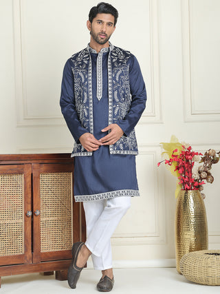 Embroidered Waistcoat & Solid Kurta Pyjama For Men