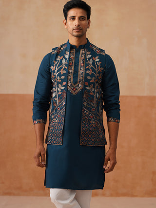 Elegant Leaf Embroidered Waistcoat with Kurta Pyjama