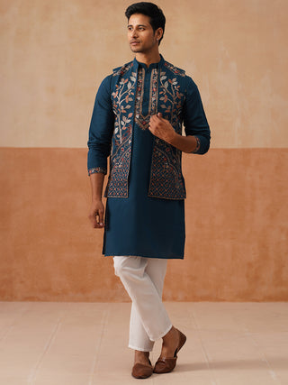Elegant Leaf Embroidered Waistcoat with Kurta Pyjama