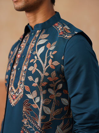 Elegant Leaf Embroidered Waistcoat with Kurta Pyjama