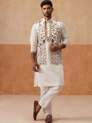 Elegant Leaf Embroidered Waistcoat with Kurta Pyjama