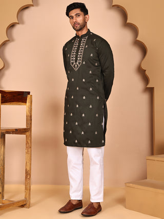 Embroidered Jacket with Classic Olive Kurta Set