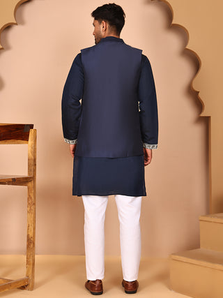 Navy Blue Kurta Set with Floral Embroidered Waistcoat