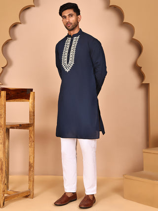 Navy Blue Kurta Set with Floral Embroidered Waistcoat