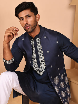 Navy Blue Kurta Set with Floral Embroidered Waistcoat