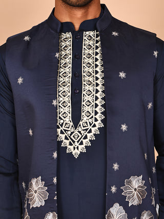 Navy Blue Kurta Set with Floral Embroidered Waistcoat