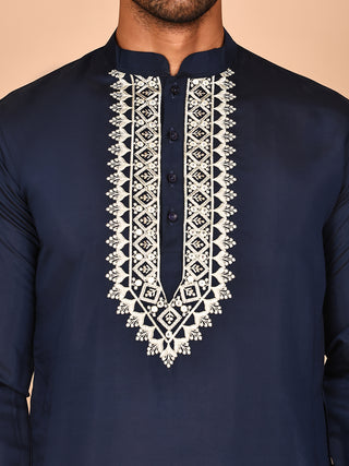 Navy Blue Kurta Set with Floral Embroidered Waistcoat