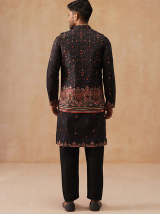 Printed Silk Blend Kurta with Matching Printed Waistcoat Set