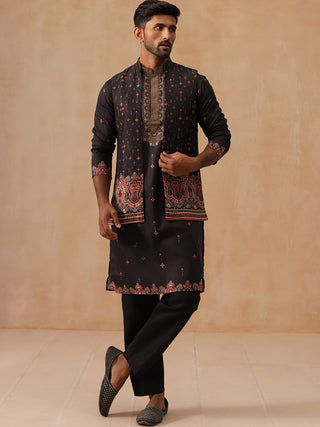 Printed Silk Blend Kurta with Matching Printed Waistcoat Set