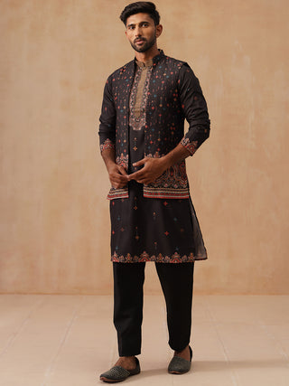 Printed Silk Blend Kurta with Matching Printed Waistcoat Set