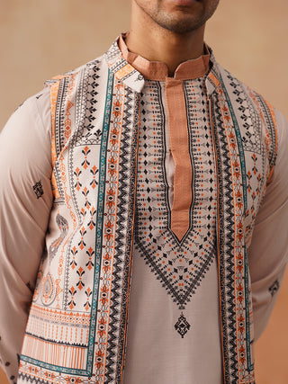 Printed Silk Blend Kurta with Matching Printed Waistcoat Set