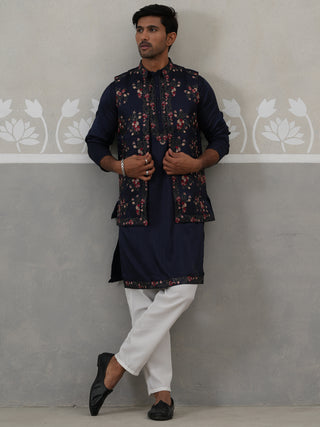 Floral Embroidered Nehru Jacket and Silk Blend Kurta Set