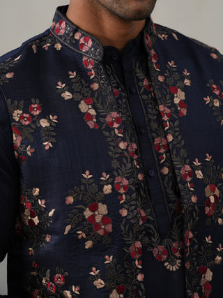 Floral Embroidered Nehru Jacket and Silk Blend Kurta Set