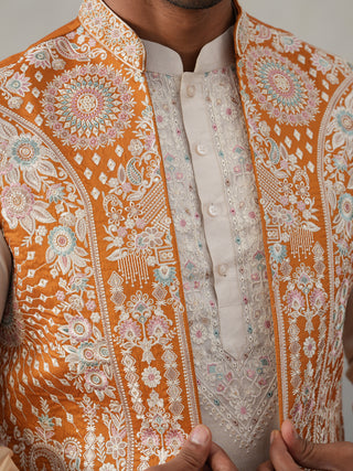 Embroidered Mustard Nehru Jacket with Kurta Pyjama Set