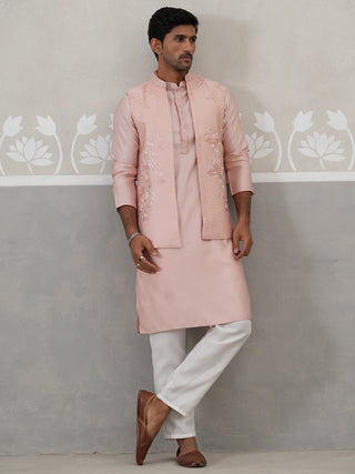 Embroidered Peach Nehru Jacket with Kurta Pyjama Set