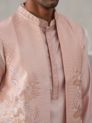 Embroidered Peach Nehru Jacket with Kurta Pyjama Set
