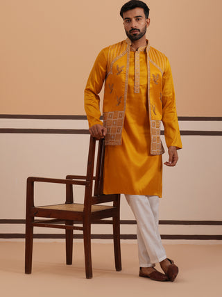 Mustard Embroidered Nehru Jacket & Kurta Pyjama Set