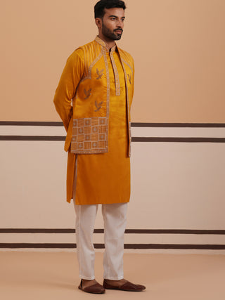 Mustard Embroidered Nehru Jacket & Kurta Pyjama Set