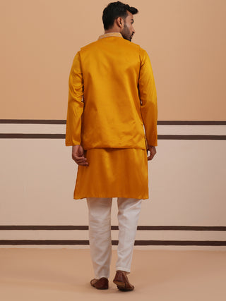 Mustard Embroidered Nehru Jacket & Kurta Pyjama Set