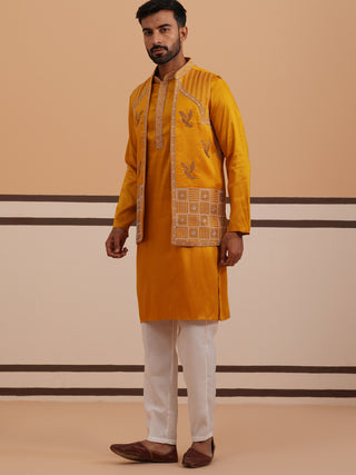 Mustard Embroidered Nehru Jacket & Kurta Pyjama Set