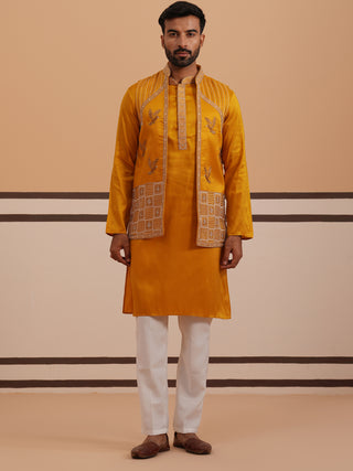 Mustard Embroidered Nehru Jacket & Kurta Pyjama Set