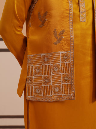 Mustard Embroidered Nehru Jacket & Kurta Pyjama Set