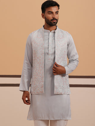 Blue Embroidered Nehru Jacket & Kurta Pyjama Set