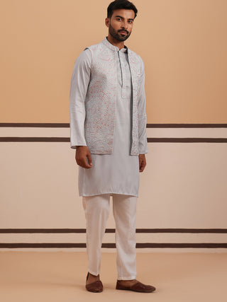 Blue Embroidered Nehru Jacket & Kurta Pyjama Set