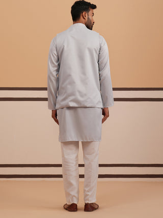 Blue Embroidered Nehru Jacket & Kurta Pyjama Set