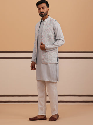 Blue Embroidered Nehru Jacket & Kurta Pyjama Set