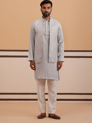 Blue Embroidered Nehru Jacket & Kurta Pyjama Set